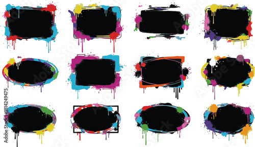 Set of twelve colorful paint splatter frames with black centers.