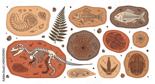 Fossil Collection A Compelling Assortment of Prehistoric Life Forms, Including Dinosaur Skeletons, Trilobites, and Fossilized Ferns
