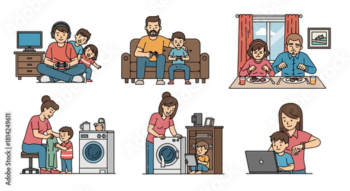 Family Life Scenes of parents and children engaging in various everyday activities together in daily moments