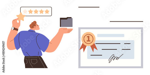 Man holding a folder and rating star beside a certificate with award medal. Ideal for career growth, professional recognition, achievement, certification, success, education, simple flat metaphor