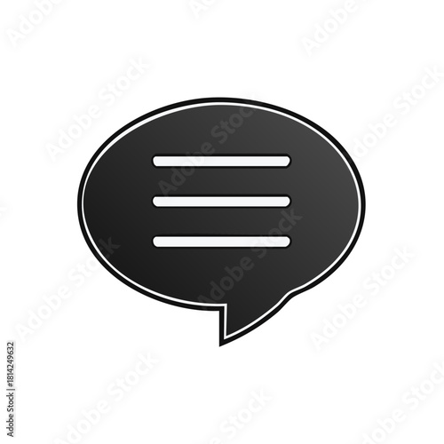Glossy black speech bubble with horizontal lines indicating text message or chat communication symbol