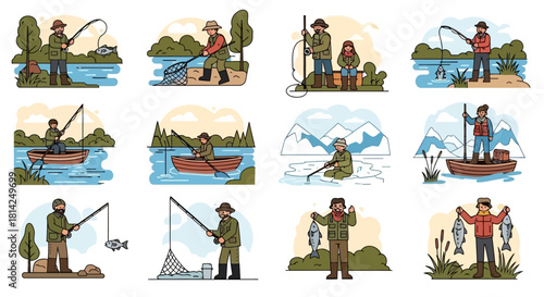 Diverse Collection of People Enjoying Recreational Fishing Activities in Various Outdoor Settings