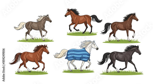 A vibrant collection of diverse horses galloping with dynamic energy and unique coat colors, showcasing various equine breeds in animated motion