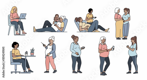 Concept illustrations depicting diverse pregnant women engaged in various aspects of modern life, including work, relaxation, and social connection during maternity