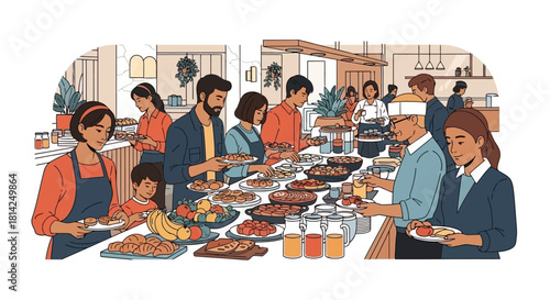 People Enjoying a Buffet Together with Various Food Choices
