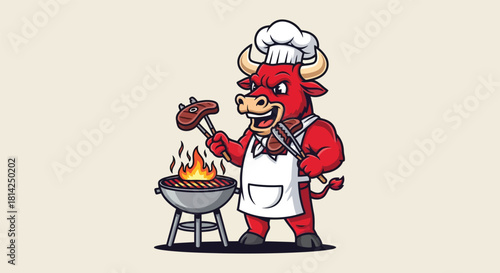 Cartoon bull chef grilling sausage on barbecue isolated vector art