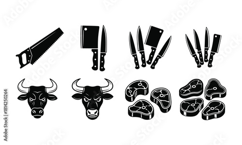 Collection of butcher shop tools with meats isolated vector image
