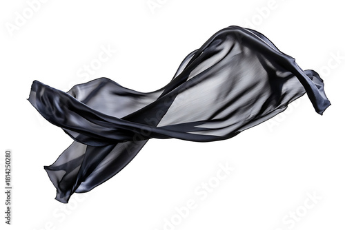 Jet black satin piece of cloth soaring through air, high contrast against transparent background 