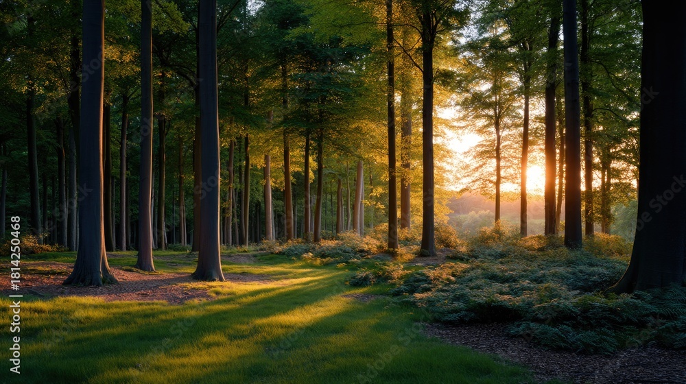 Fototapeta premium Serene Forest Landscape with Sunlight Filtering Through Tall Trees in a Vibrant Green Meadow at Sunset
