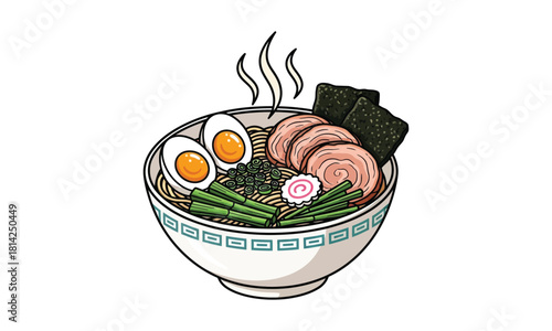 Illustration of asian ramen noodle bowl with meat and eggs