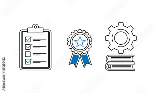 Line art icons set of service standards and quality certification