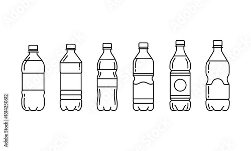 Set of plastic water bottles of different shapes in line art style