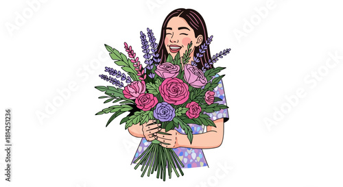 Woman holding a vibrant bouquet of pink roses and purple flowers, joyfully celebrating spring season