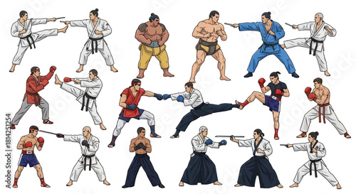 Diverse Martial Arts Styles Illustration Karate, Judo, Sumo, and More