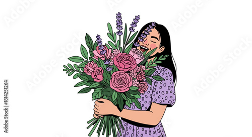 Woman embracing a lush bouquet of flowers, capturing the essence of joy and connection with nature