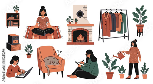 Cozy Indoor Activities Illustrations of Relaxing Hobbies and Home Life
