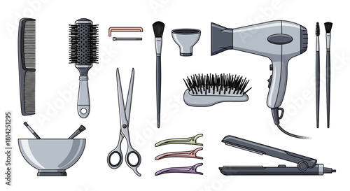 Hair Styling Tools Collection Comb, Dryer, Scissors and More
