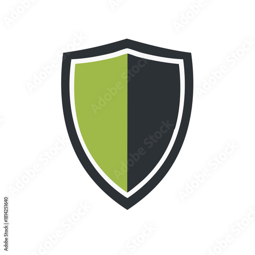 Modern shield symbol with green and dark grey sections and white outline on white background