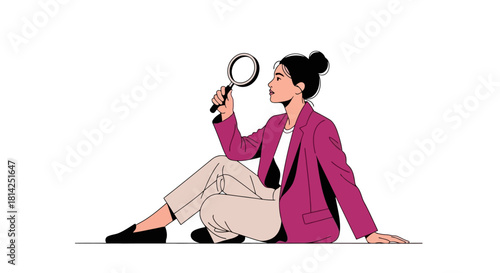 Woman Investigating with Magnifying Glass Detailed Analysis and Exploration Illustration