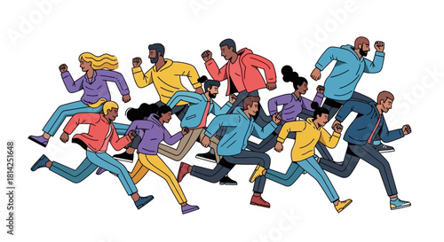 Diverse Group of People Running Together, Unity and Teamwork