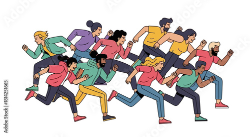 Diverse Group Racing Vector Illustration of People Running Together in a Competitive Pursuit