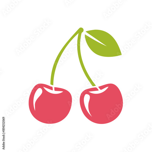 Two red cherries with green stems and leaf isolated on white background