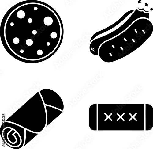 Set of four black food icons: pizza, hot dog, wrap, and candy bar Vector