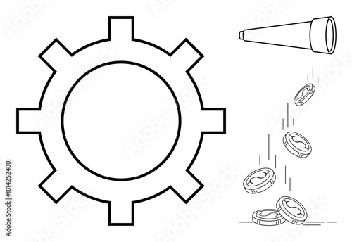 Gear symbolizing processes, telescope for foresight, coins indicating economic gain and investment. Ideal for innovation, strategy, financial planning, teamwork, efficiency, progress simple flat