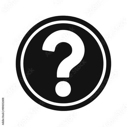 Question mark symbol in a circle, black and white design.