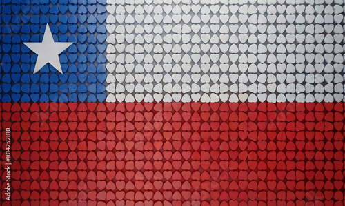 A clear, vibrant color photograph of the Chilean flag recreated entirely from hundreds of small heart shapes arranged in precise formation. The hearts form the distinctive red, white, and blue section