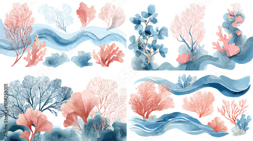 A watercolor coral scene set featuring ocean waves, sea plants, and soft coastal elements in pastel blue and pink. Ideal for marine decor, underwater artwork, and nature patterns.