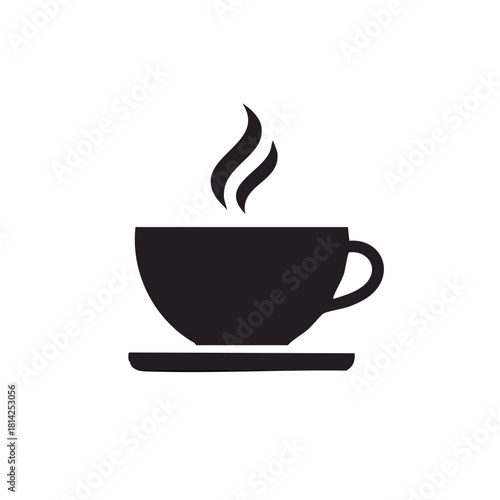 Silhouette illustration of a steaming coffee cup, with saucer and handle for cafes and icons