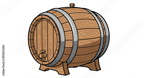 Illustration of a wooden barrel on a stand with a spigot.