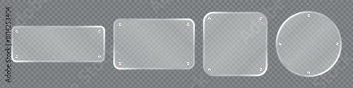 Realistic glass plate set with rivets. White acrylic frame with rectangle, square and circle banner with glow stroke vector illustration.