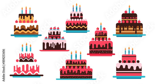 Delicious Cakes Collection Vector Illustration of Birthday Cakes