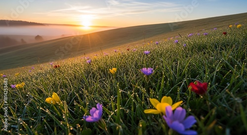 Fototapeta Naklejka Na Ścianę i Meble -  Wildflower meadow at sunrise with morning mist