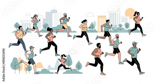 Diverse group of runners jogging in city park, a healthy lifestyle illustration