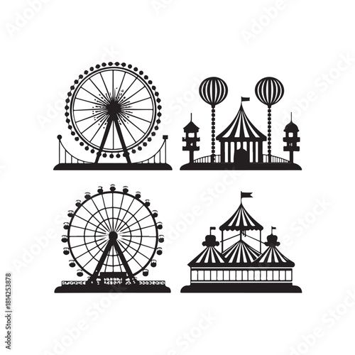 Carnival ride silhouette vector liner art black color design set and solid white background (1).eps