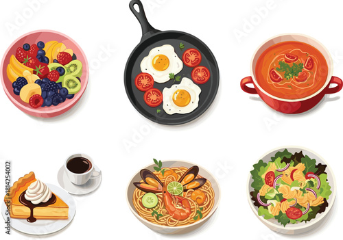 Cartoon food illustration, breakfast eggs, fruit bowl, tomato soup, dessert pie, seafood pasta, salad bowl, vector cuisine set