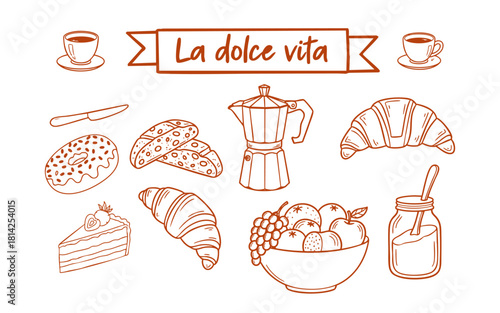 Hand drawn breakfast doodles set. Vector illustration of food and coffee icons in a chalk, crayon drawing style, suitable for invitations, parties. Minimalist line art. La Dolce Vita Italian Style.