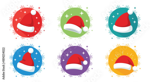 Collection of six festive Santa hats with snowflakes in colorful circular backgrounds.