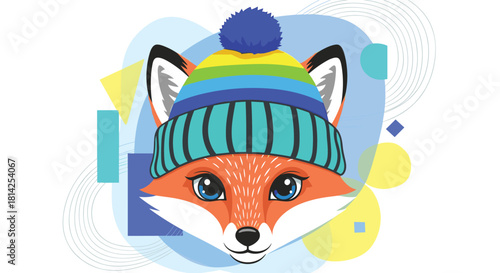 Cute cartoon fox wearing a colorful striped winter hat and beanie with a blue pom-pom.
