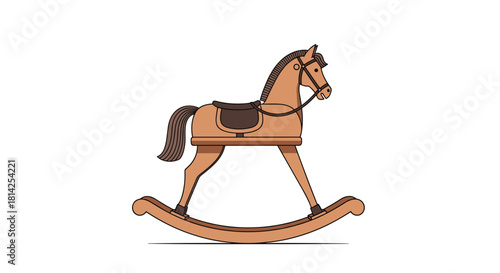 A brown rocking horse toy is depicted against a white background with a subtle shadow beneath its rockers.