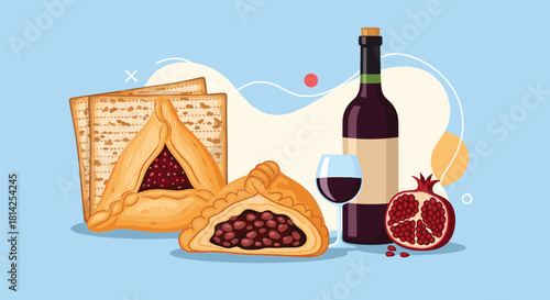 Holiday celebration with hamantaschen, matzah, wine, and pomegranate.
