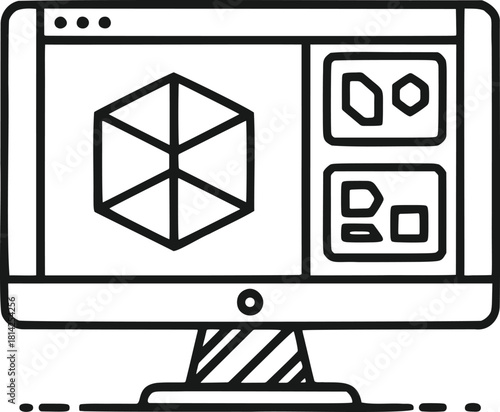 Outline Vector Icon of Desktop Monitor Showing 3D Modeling Software Interface with Wireframe Geometric Cube and UI Elements Perfect for Computer Aided Design Engineering and Digital Technolo