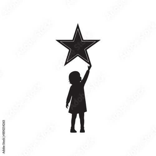 Child reaching for a star silhouette vector art black color design and solid white background (3).eps