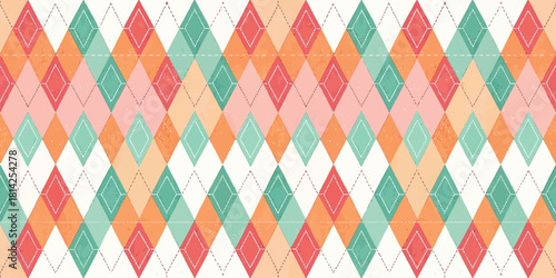 Vibrant geometric pattern featuring colorful diamonds in orange, teal, and pink tones.