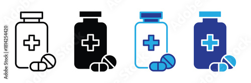 Four medical pill bottle icons with cross symbol and scattered pills, representing healthcare, medication, and pharmaceutical services for design.