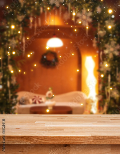 Fotografi Festive Christmas Ambiance with Fireplace: A cozy holiday scene unfolds, featuring a warm fireplace and decorative elements, ideal for showcasing seasonal products and spreading cheer