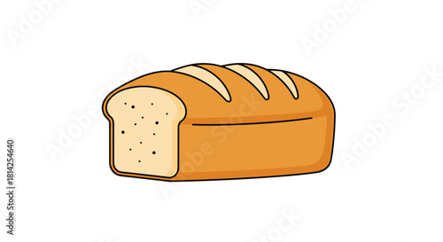 Simple cartoon illustration of a loaf of bread with a cut slice visible on the left.